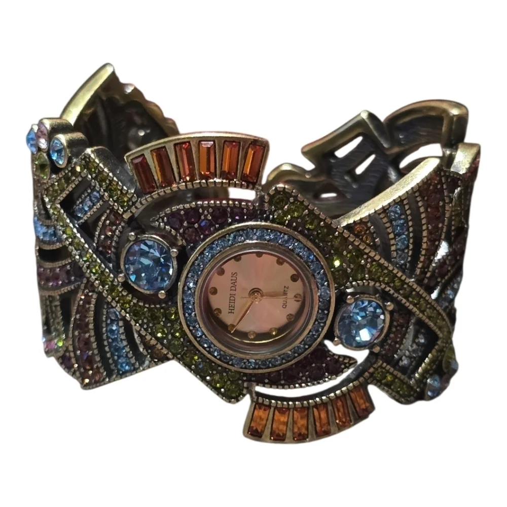Heidi Daus Art Deco Swarovski Crystal Golden Bronze Cuff Bracelet Watch - Picture 7 of 10